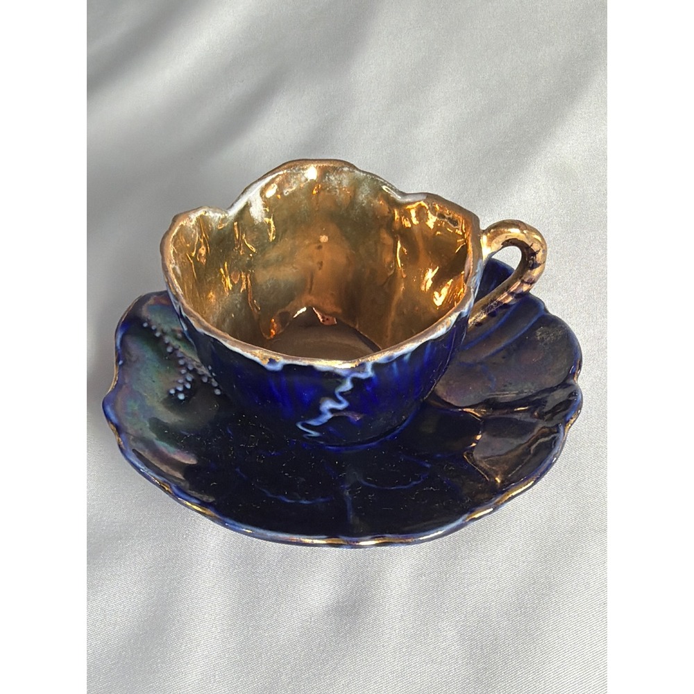 Antique 1920's Lusterware Tea Cup Saucer Cobalt Blue Excellent
